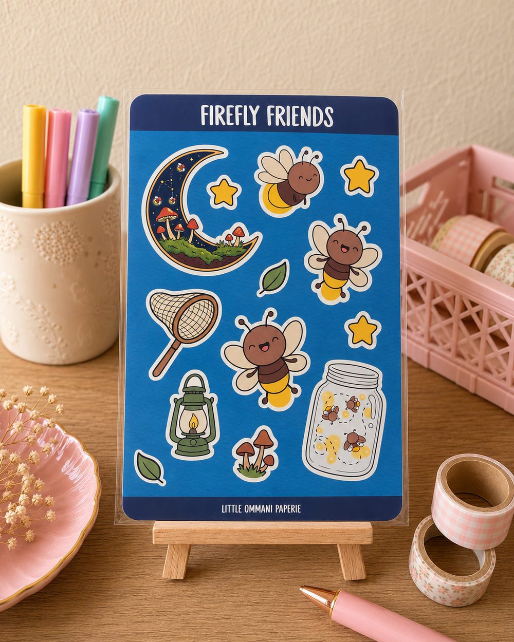 Firefly Friends sticker sheet displayed in a styled desk mockup