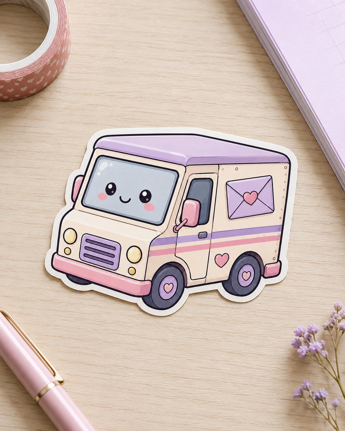 Happy Mail Truck die-cut sticker displayed on a wooden desk