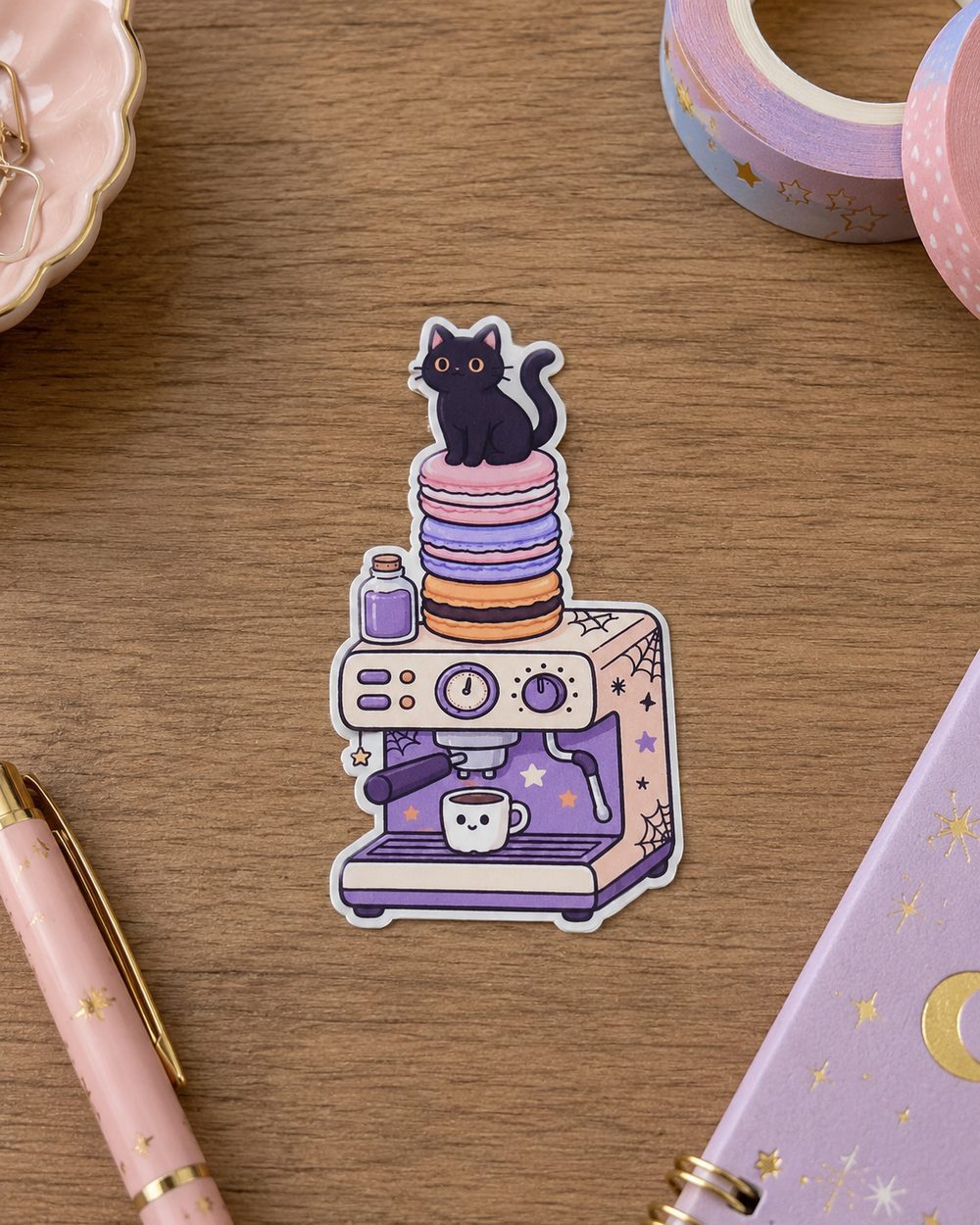 Midnight Cat Espresso die-cut sticker displayed on a wooden desk