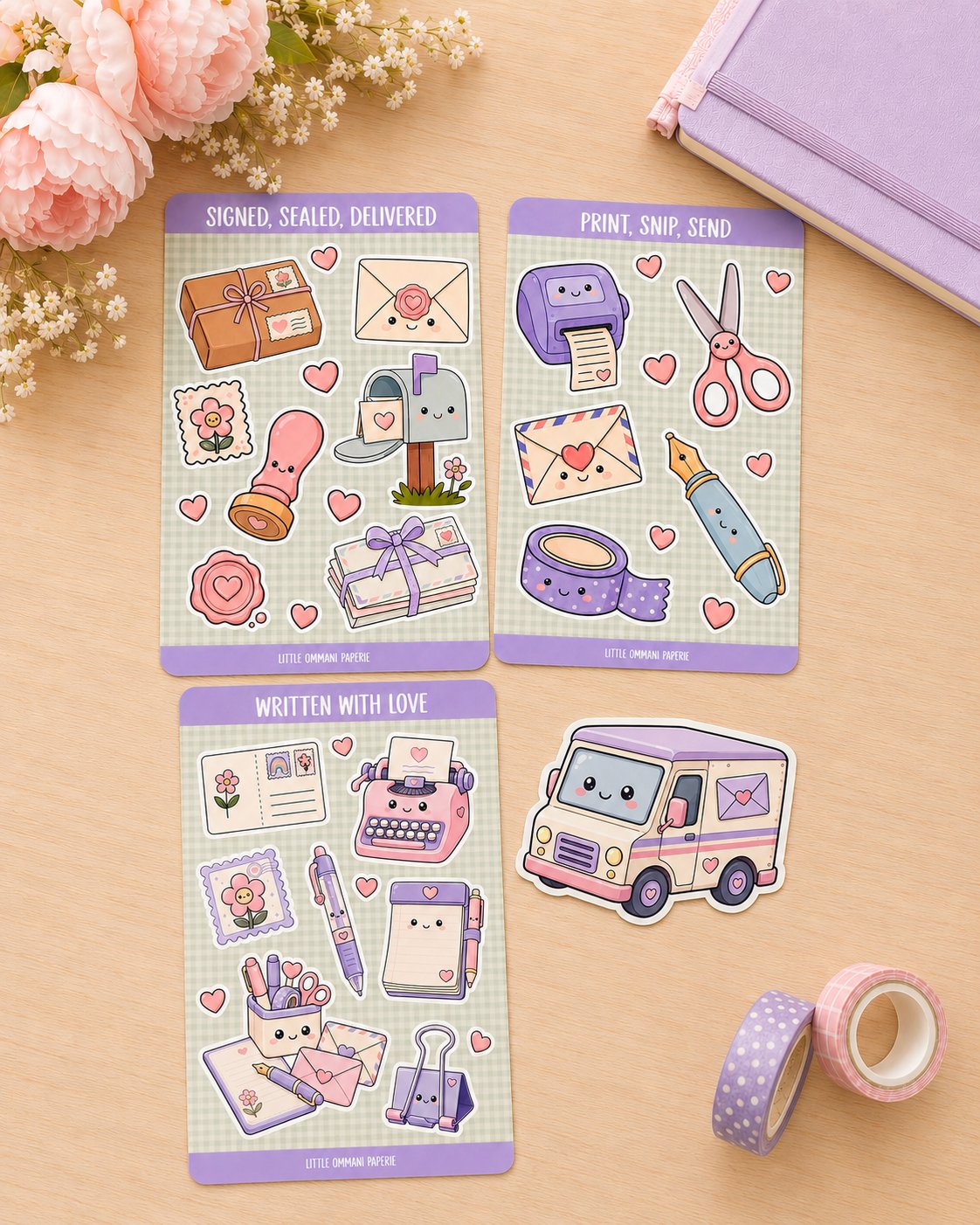 Signed, Sealed, Delivered, Print, Snip, Send, and Written with Love sticker sheets displayed together with the Happy Mail Truck die-cut sticker