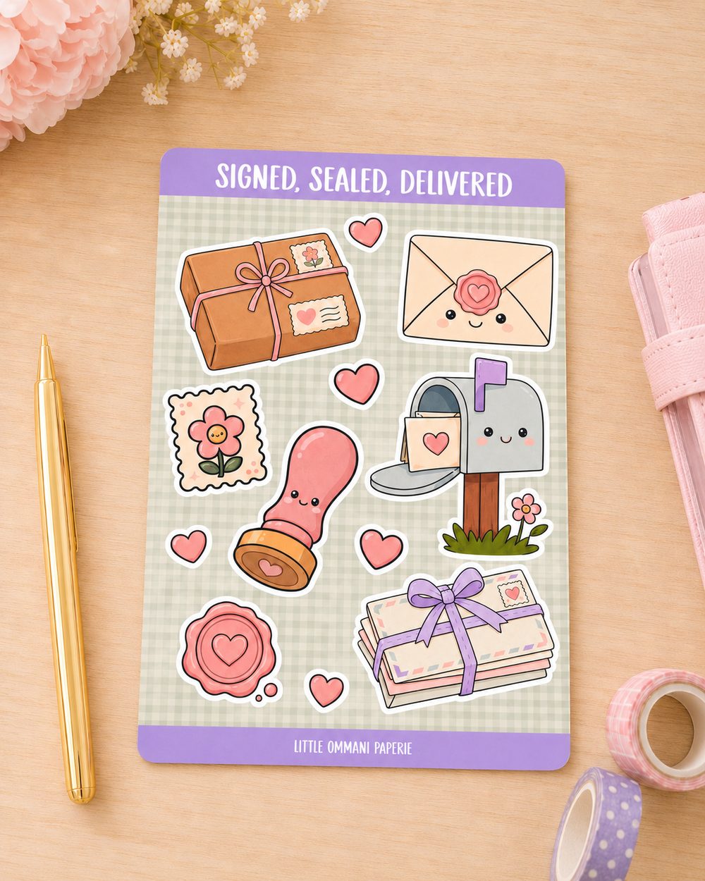 Signed, Sealed, Delivered sticker sheet displayed in a styled desk mockup