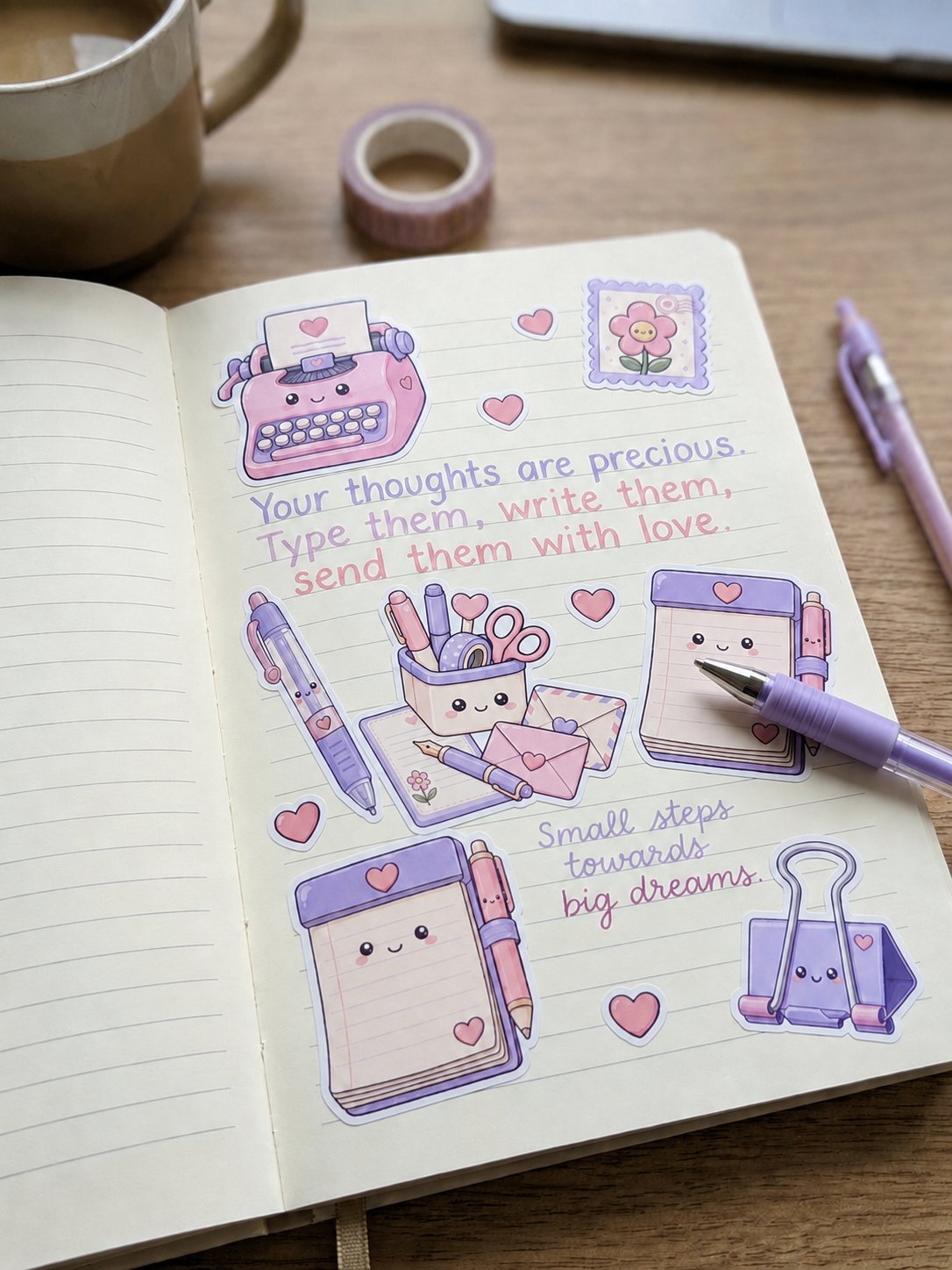 Written with Love stickers applied to an open journal page next to a coffee cup, washi tape, and pen